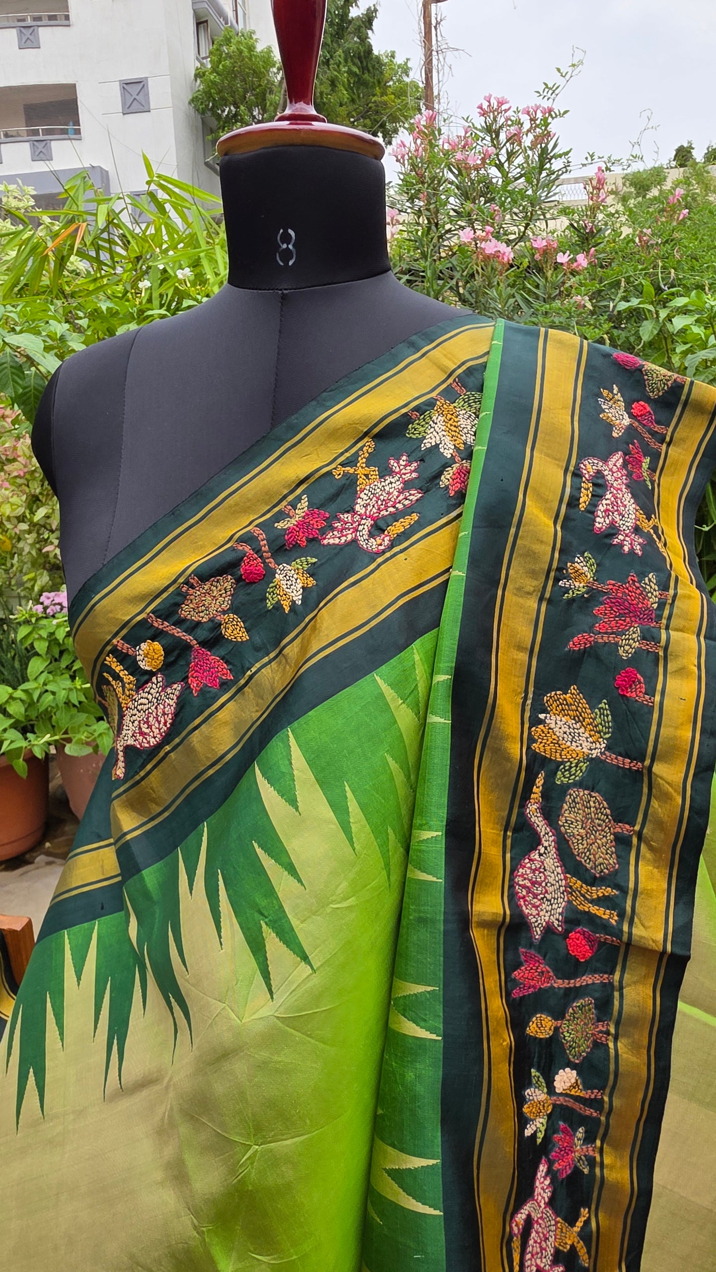 Pure silk kanchi with hand embroidered kantha