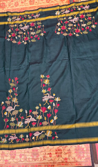 Pure silk kanchi with hand embroidered kantha