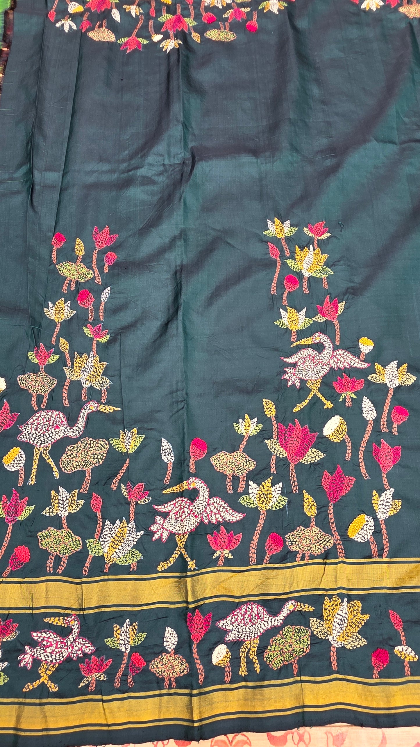 Pure silk kanchi with hand embroidered kantha