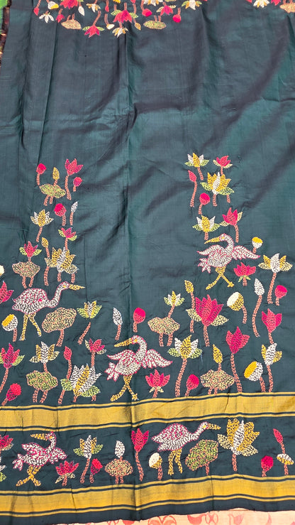 Pure silk kanchi with hand embroidered kantha