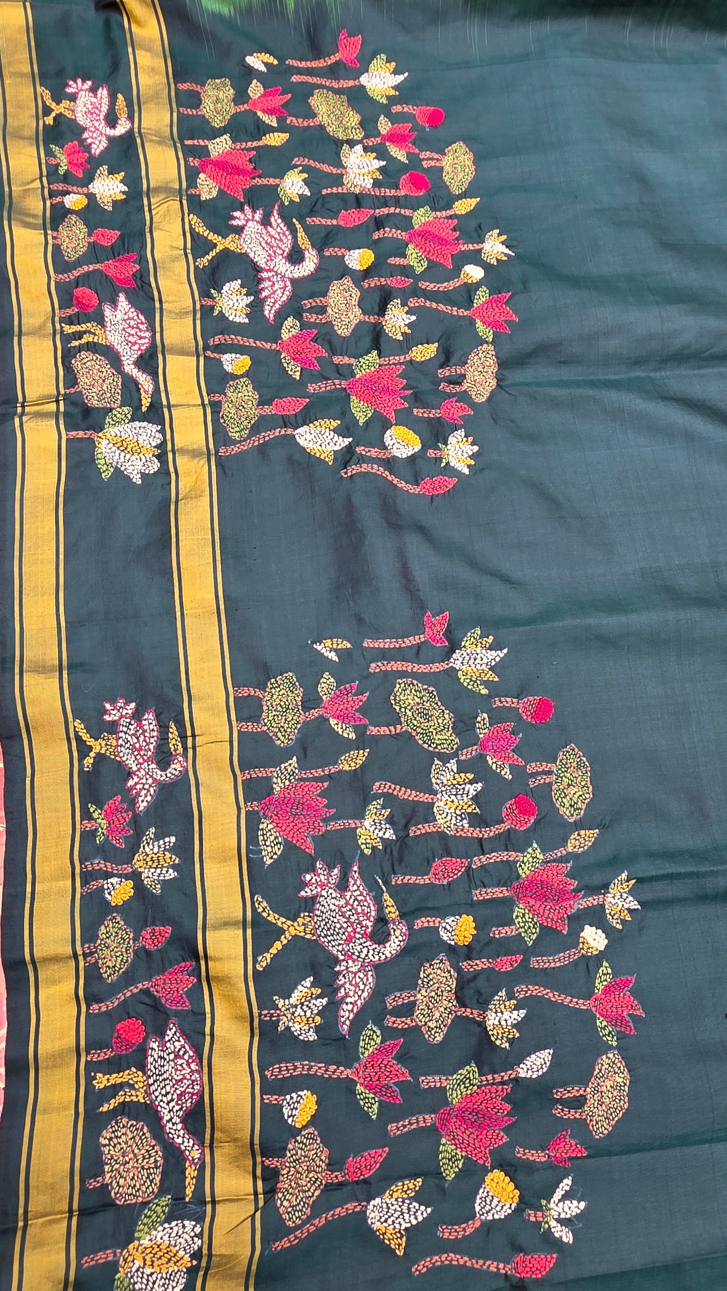Pure silk kanchi with hand embroidered kantha