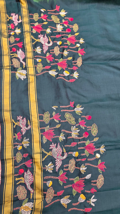 Pure silk kanchi with hand embroidered kantha