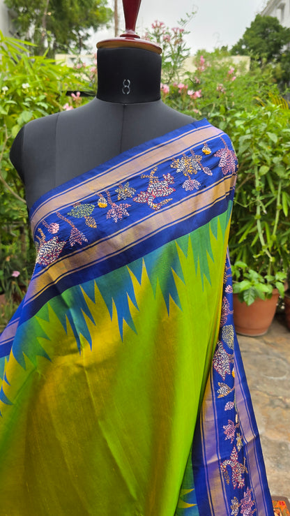 Pure silk kanchi with hand embroidered kantha