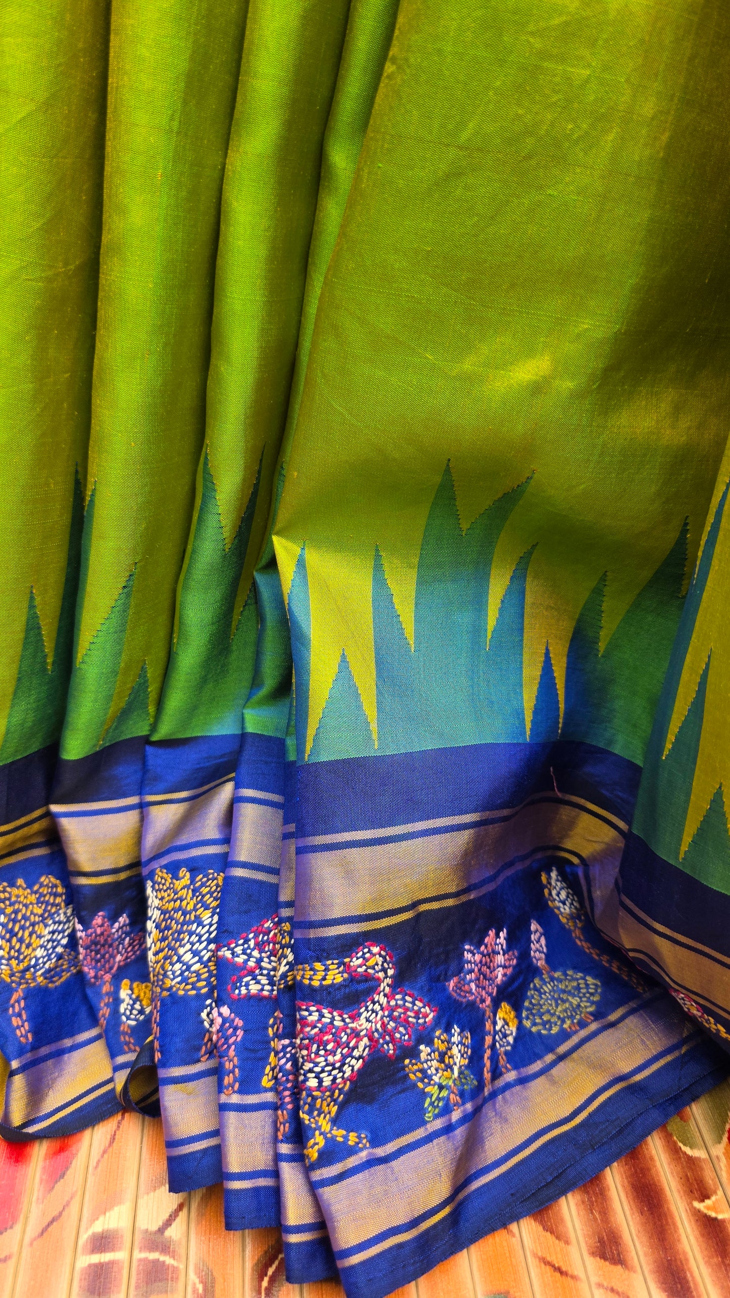 Pure silk kanchi with hand embroidered kantha
