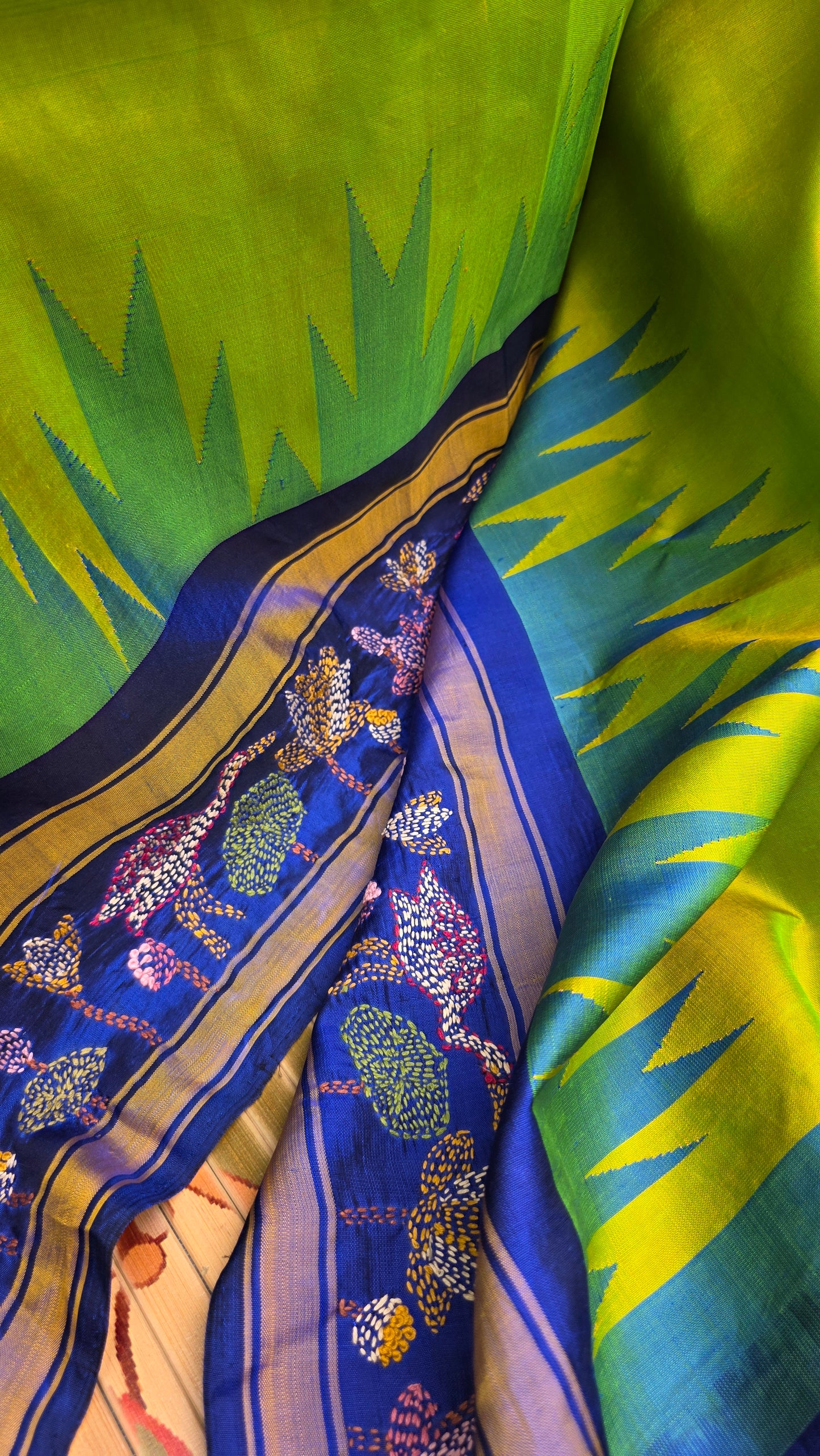 Pure silk kanchi with hand embroidered kantha