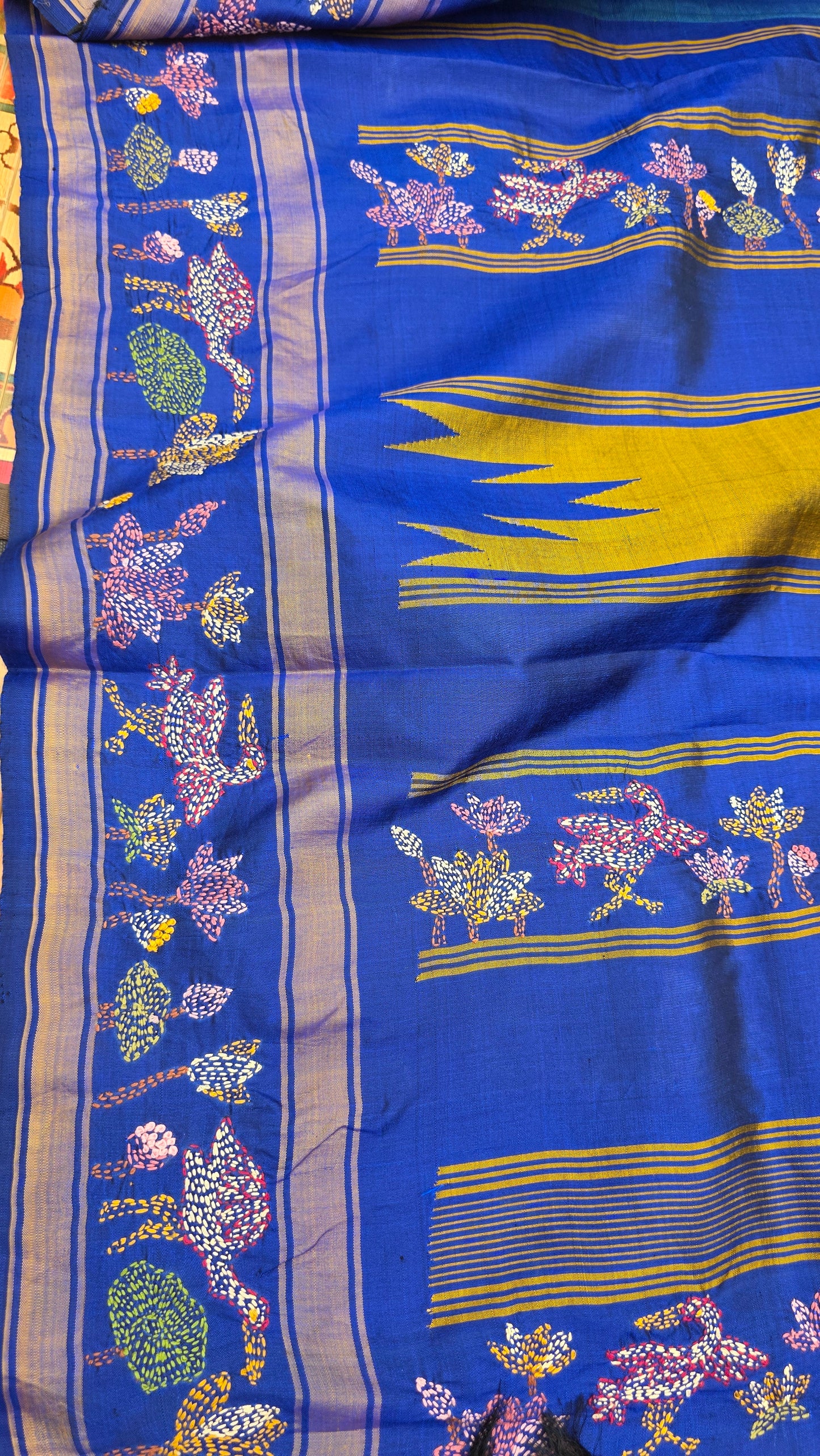 Pure silk kanchi with hand embroidered kantha