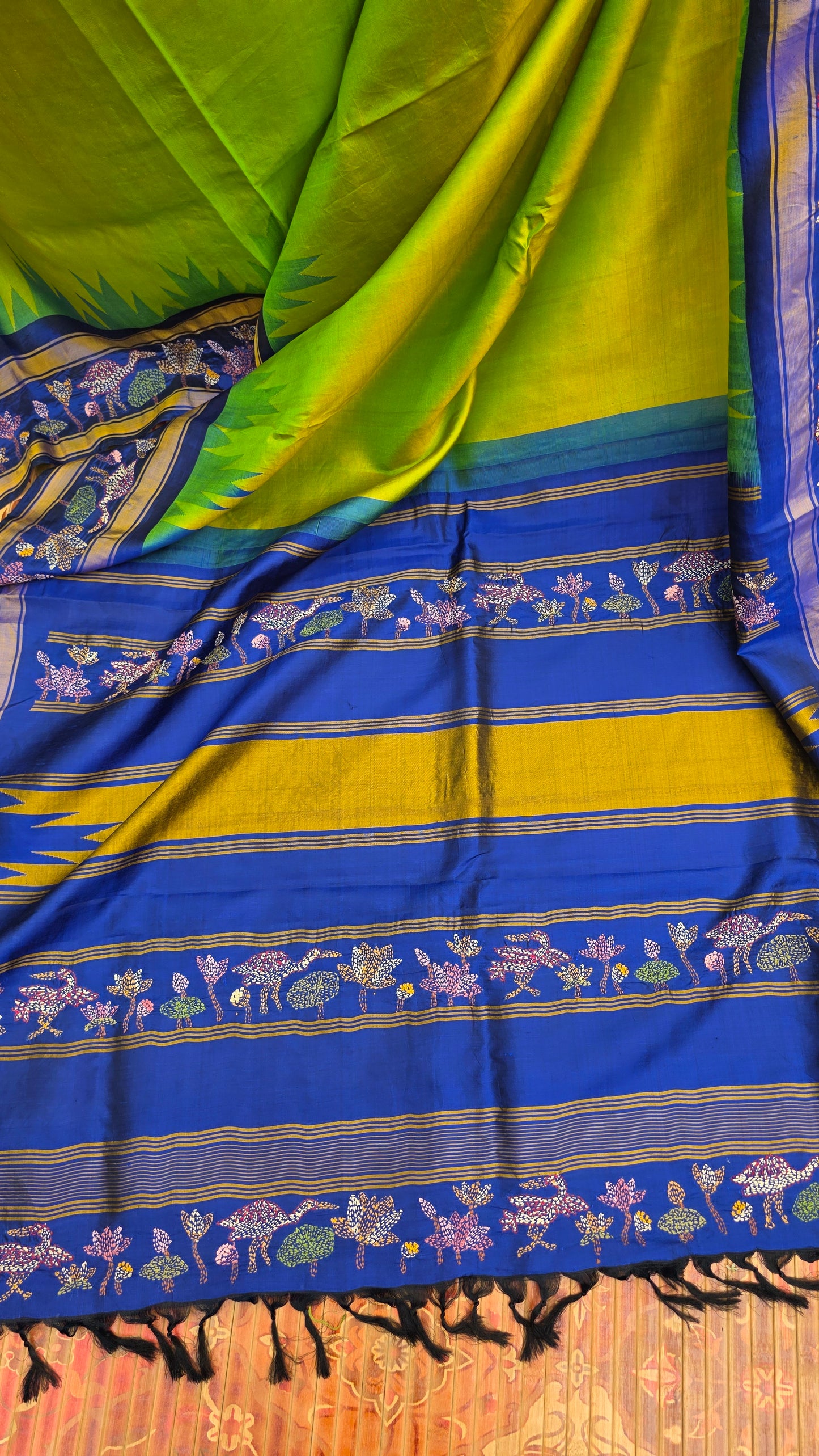 Pure silk kanchi with hand embroidered kantha