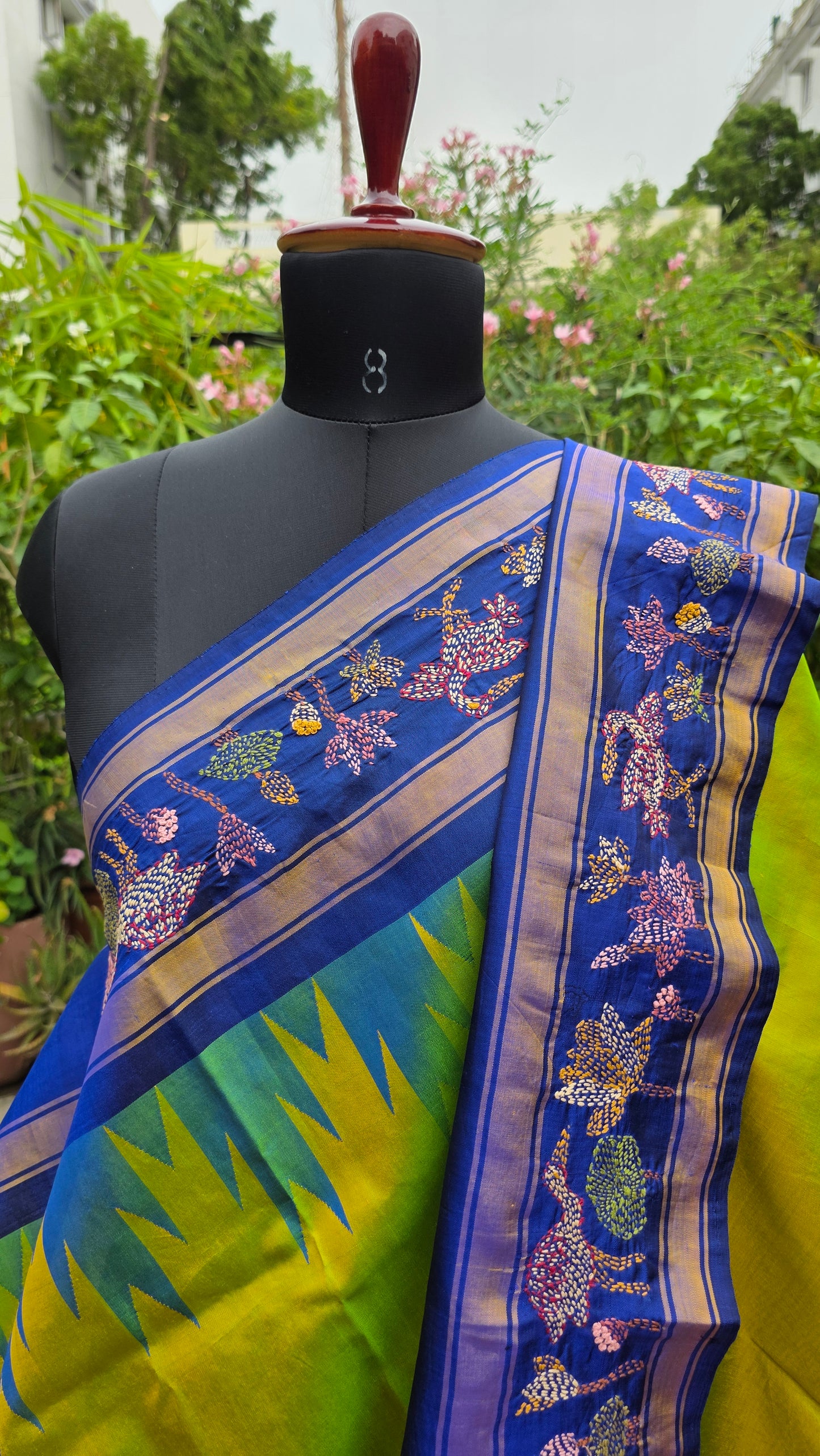 Pure silk kanchi with hand embroidered kantha