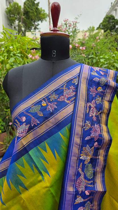 Pure silk kanchi with hand embroidered kantha