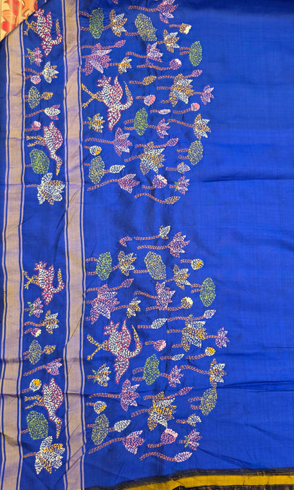 Pure silk kanchi with hand embroidered kantha