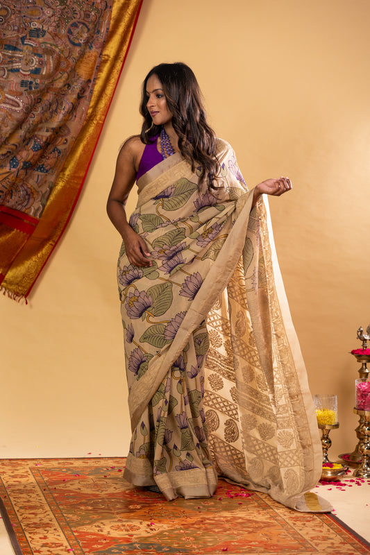 Pure silk Georgette Chikankari With Penkalamkari Saree
