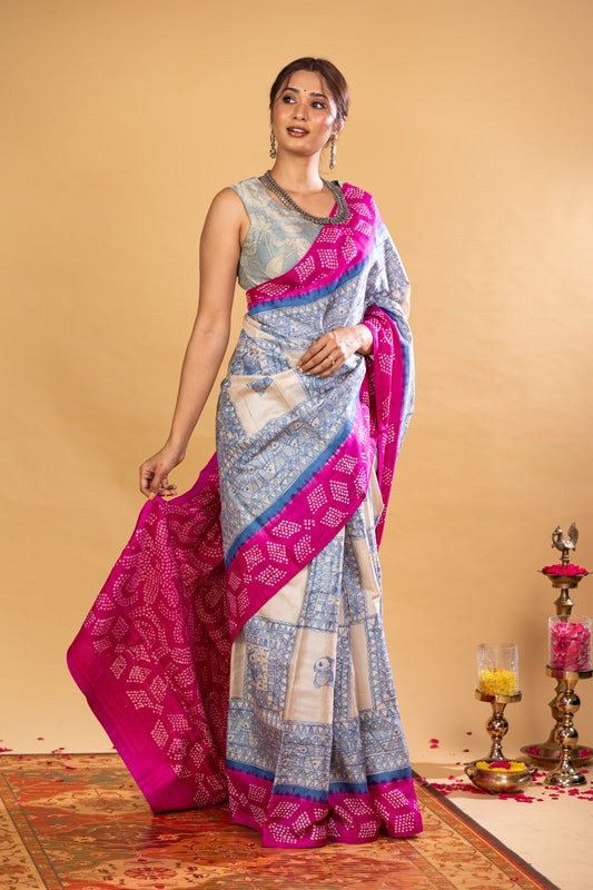 Tussar hand-drawn Madhubani and a handknotted Rai Bandhej saree