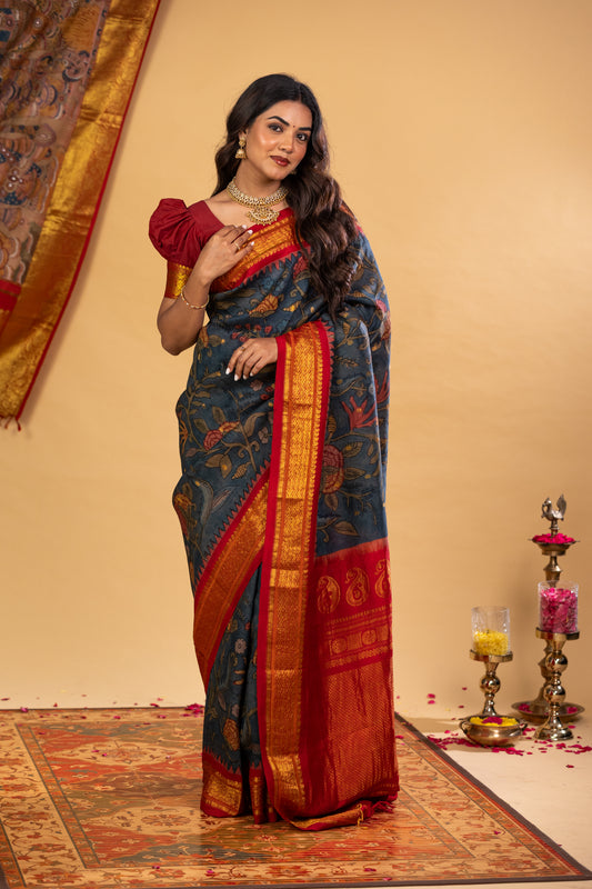 Pure Silk Gadwal Pattu With Penkalamkari Saree.