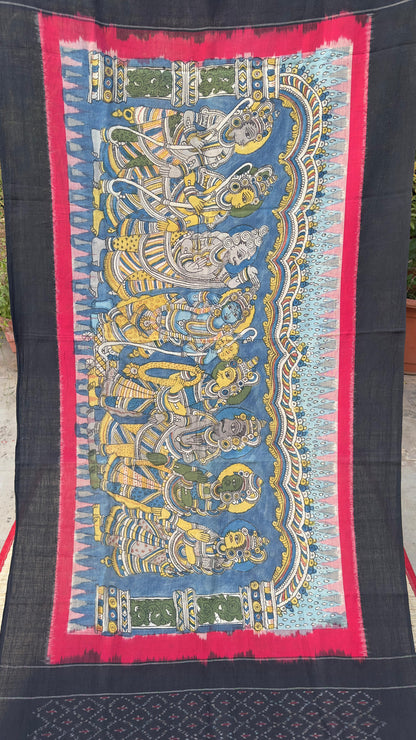Traditional Penkalamkari on Ikkat cotton dupatta