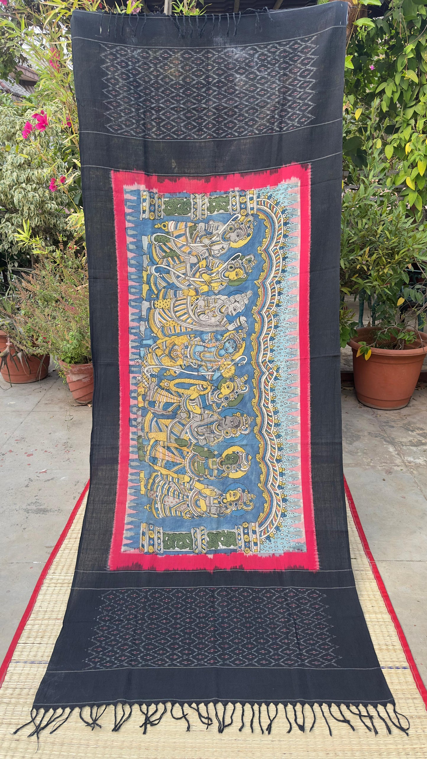Traditional Penkalamkari on Ikkat cotton dupatta