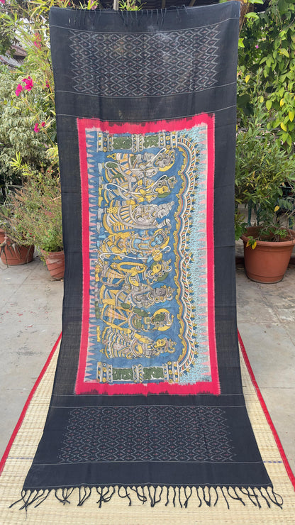 Traditional Penkalamkari on Ikkat cotton dupatta