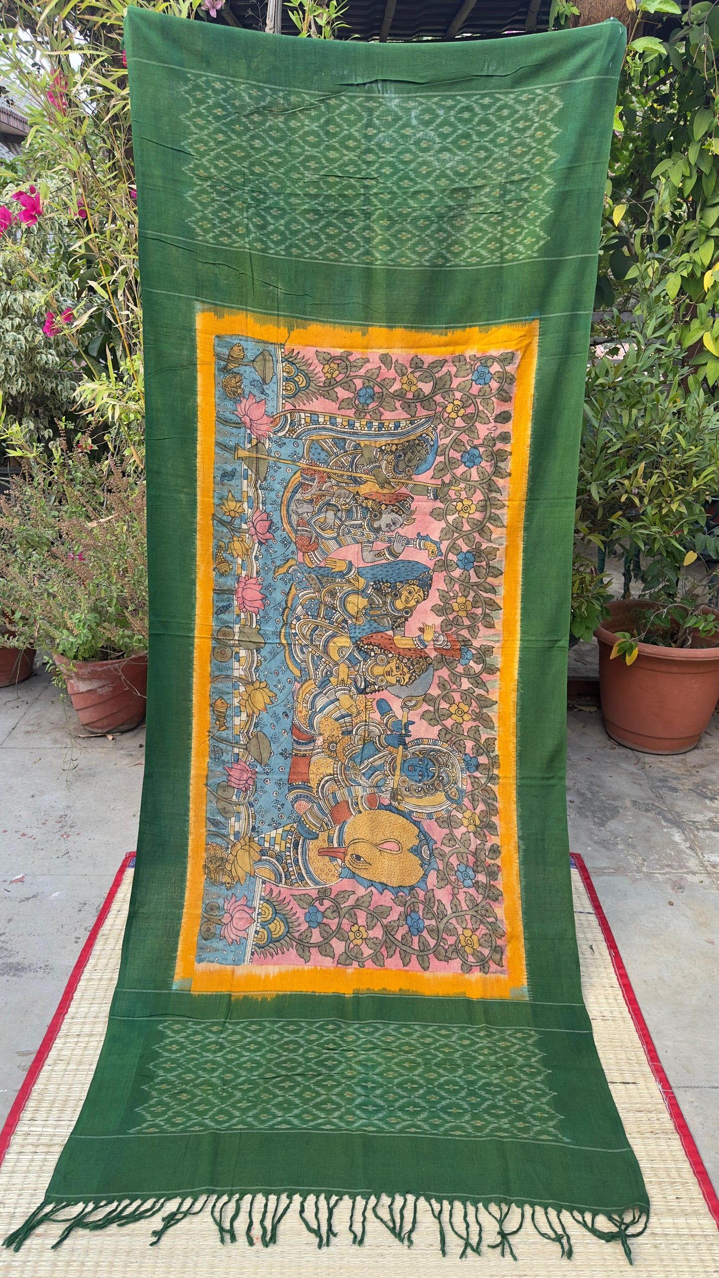 Traditional Penkalamkari on Ikkat cotton dupatta