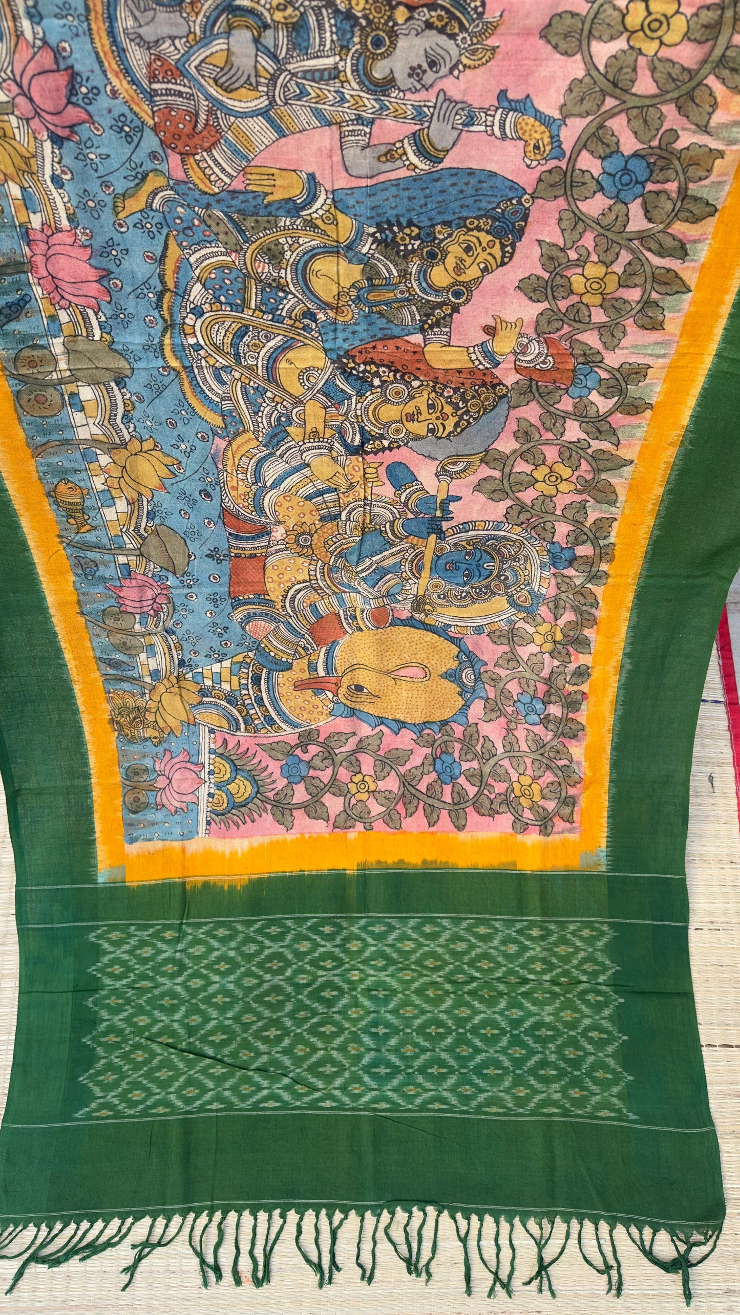 Traditional Penkalamkari on Ikkat cotton dupatta