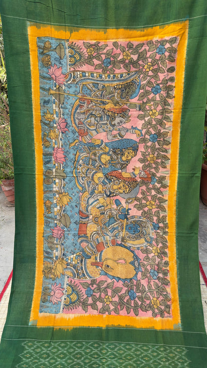 Traditional Penkalamkari on Ikkat cotton dupatta