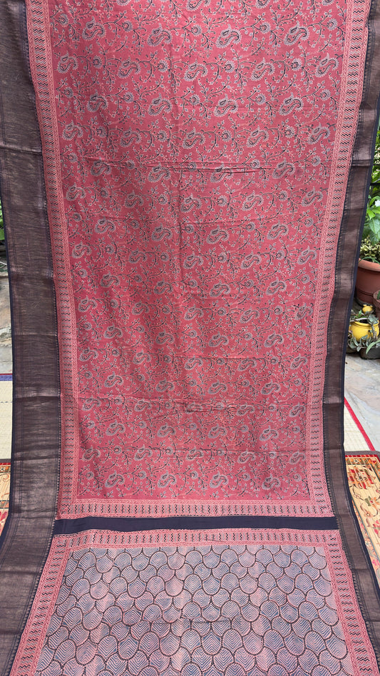 Hand block printed Ajrakh on chiniya silk