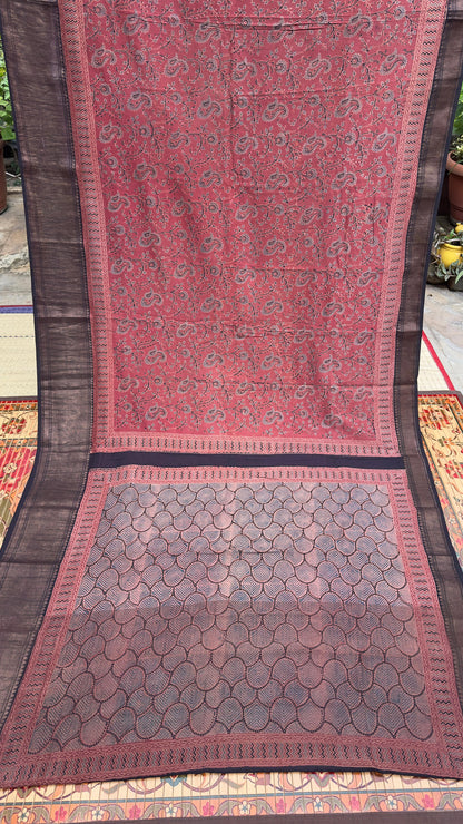 Hand block printed Ajrakh on chiniya silk