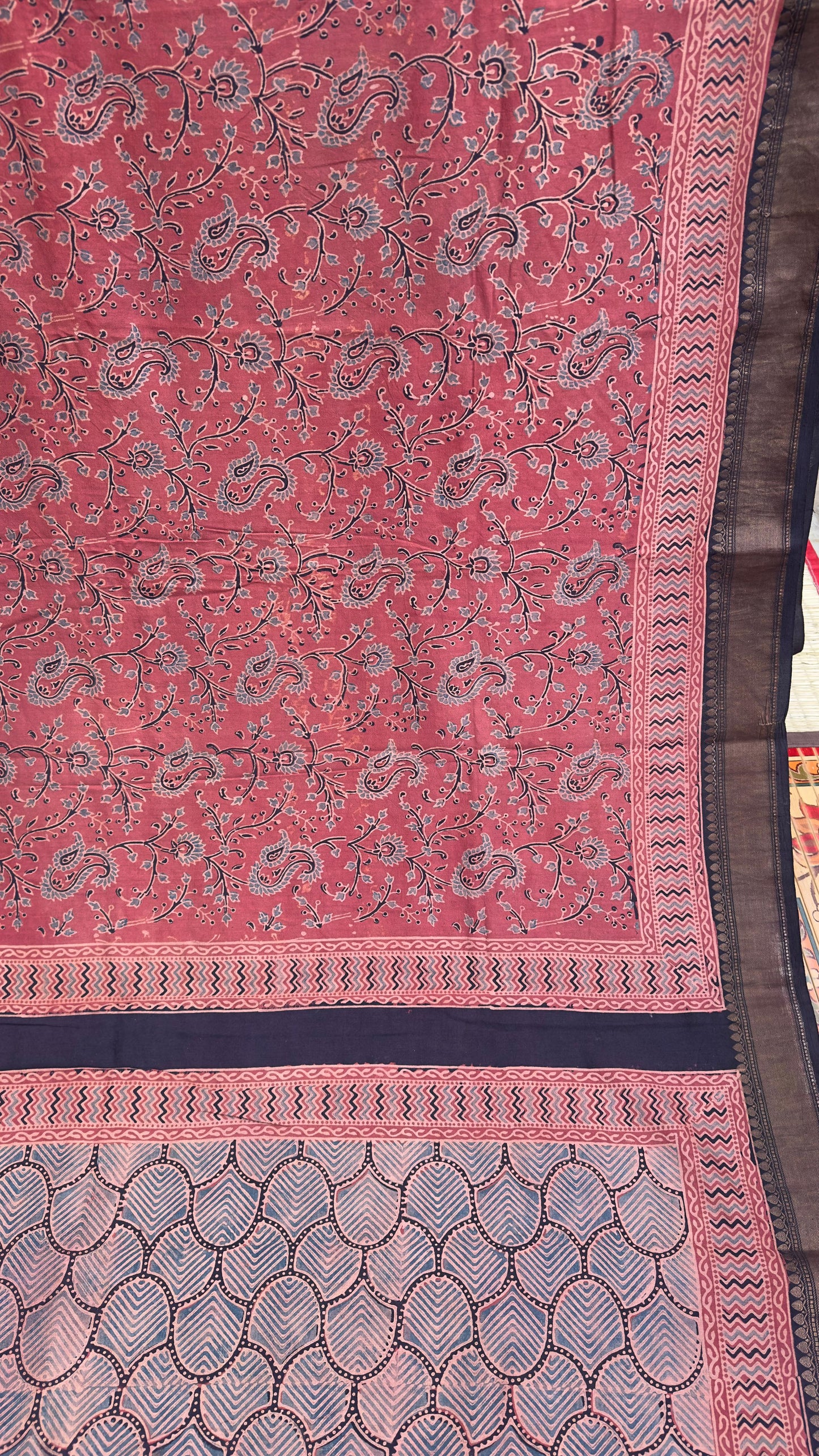 Hand block printed Ajrakh on chiniya silk