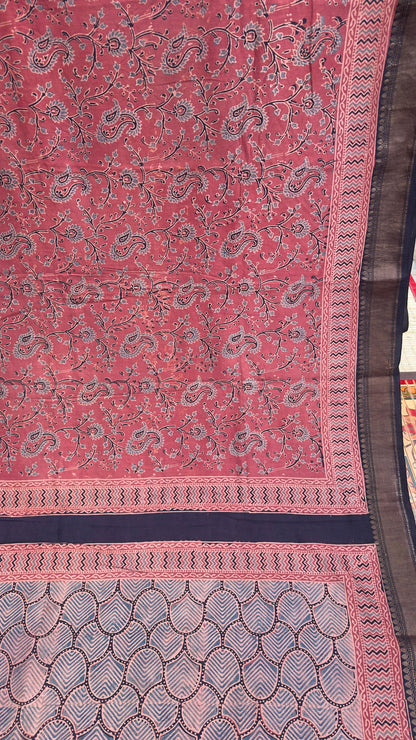 Hand block printed Ajrakh on chiniya silk