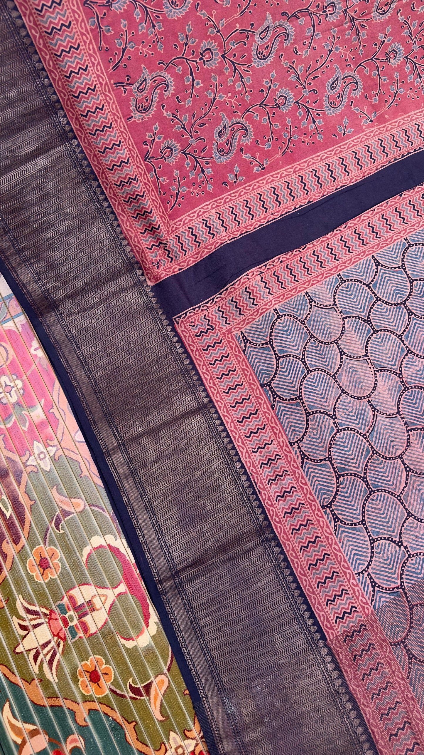 Hand block printed Ajrakh on chiniya silk