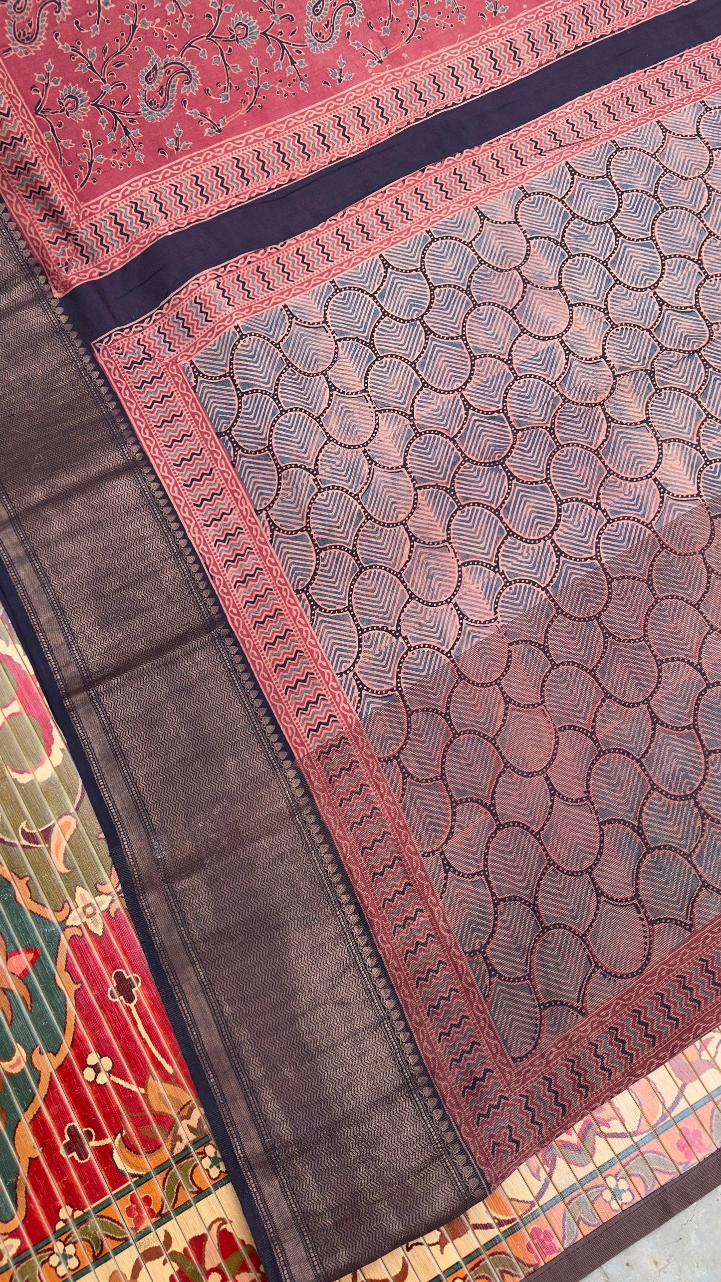 Hand block printed Ajrakh on chiniya silk