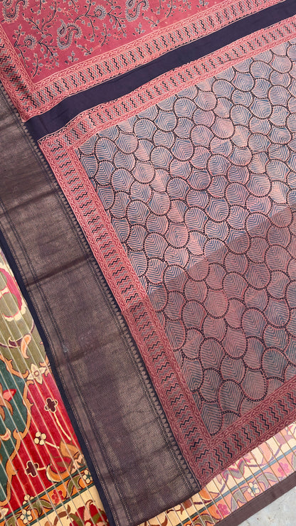 Hand block printed Ajrakh on chiniya silk