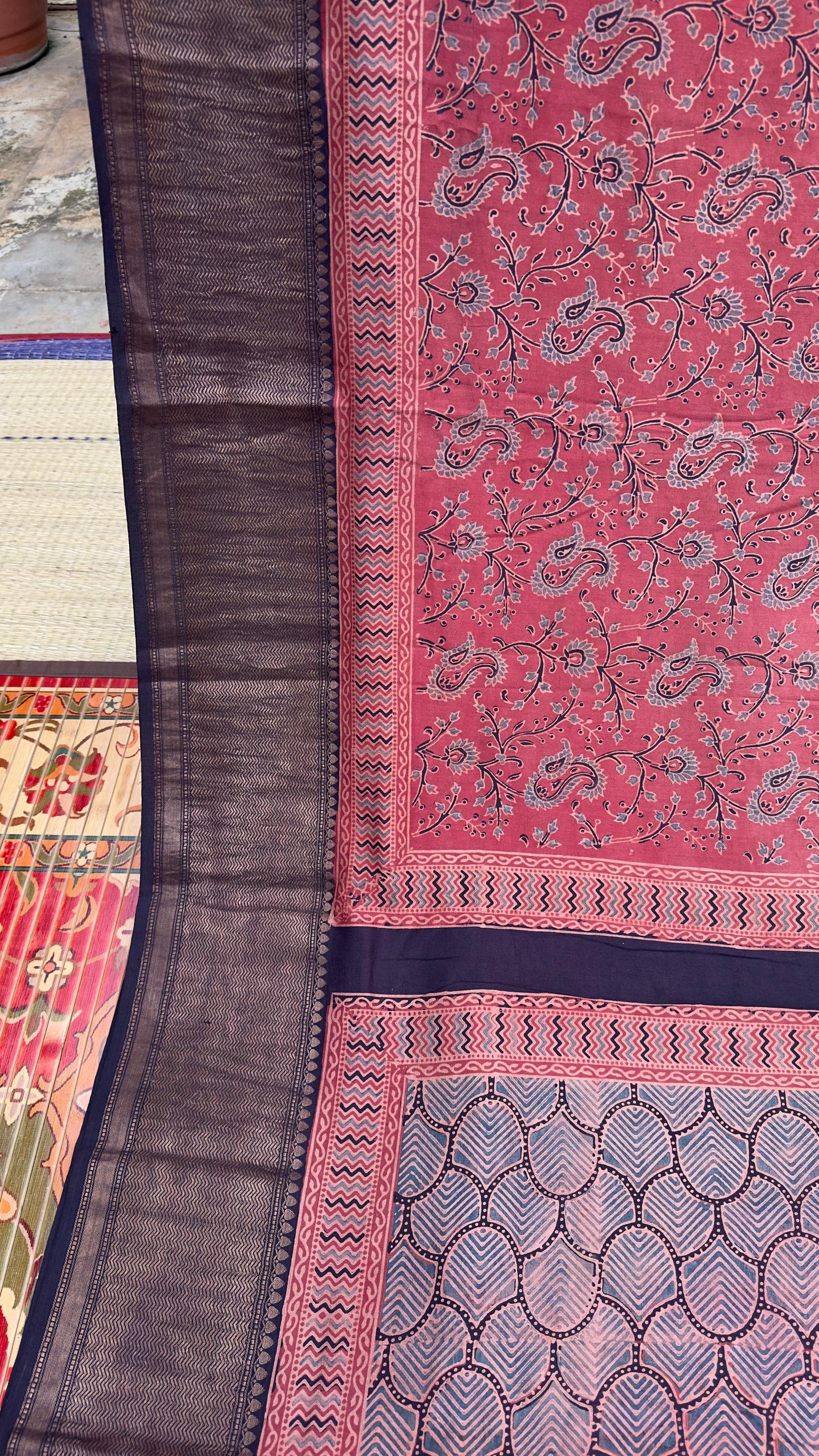 Hand block printed Ajrakh on chiniya silk