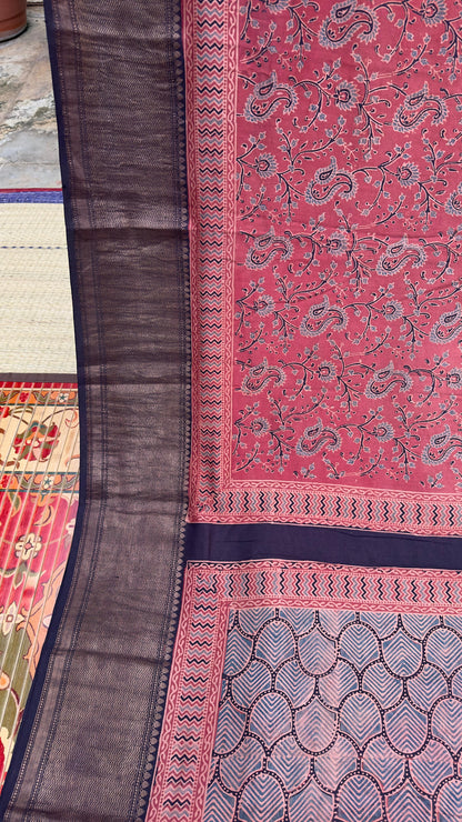Hand block printed Ajrakh on chiniya silk