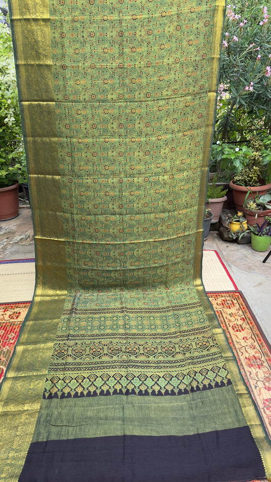 Hand block printed Ajrakh on chiniya silk
