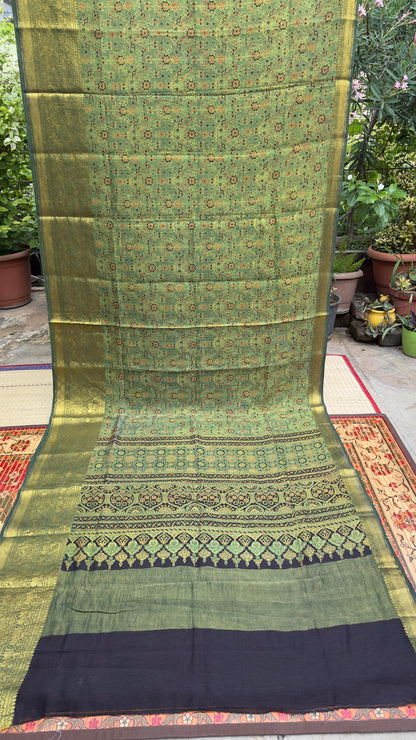 Hand block printed Ajrakh on chiniya silk
