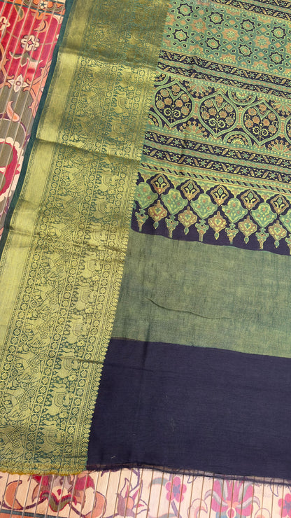 Hand block printed Ajrakh on chiniya silk