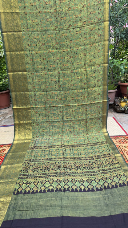 Hand block printed Ajrakh on chiniya silk