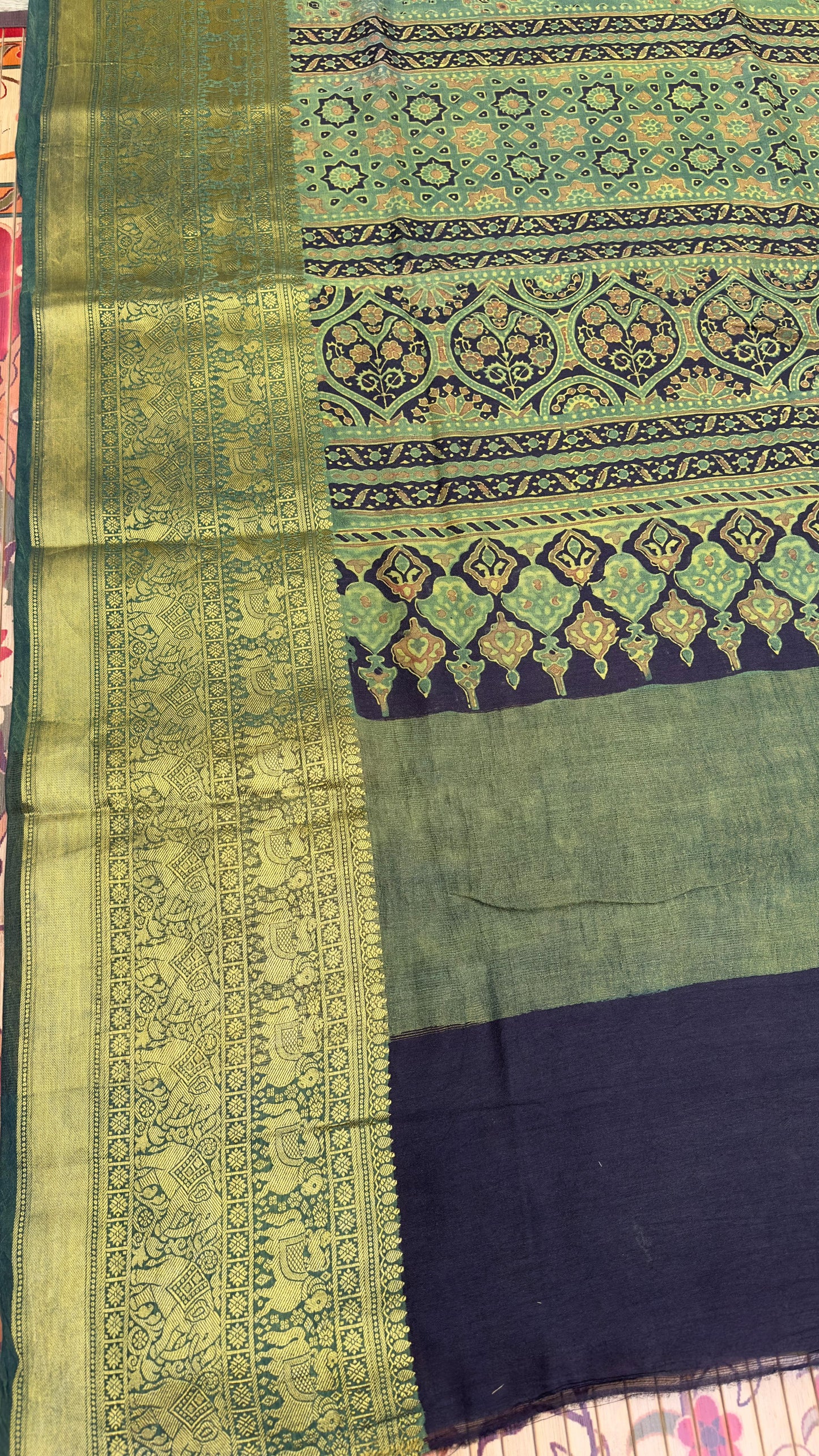 Hand block printed Ajrakh on chiniya silk