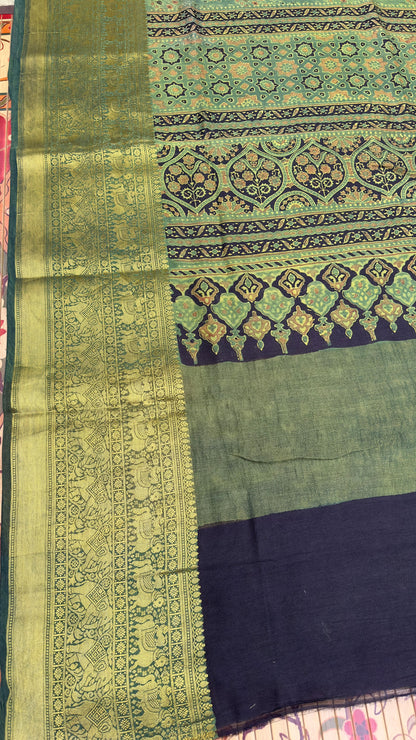 Hand block printed Ajrakh on chiniya silk