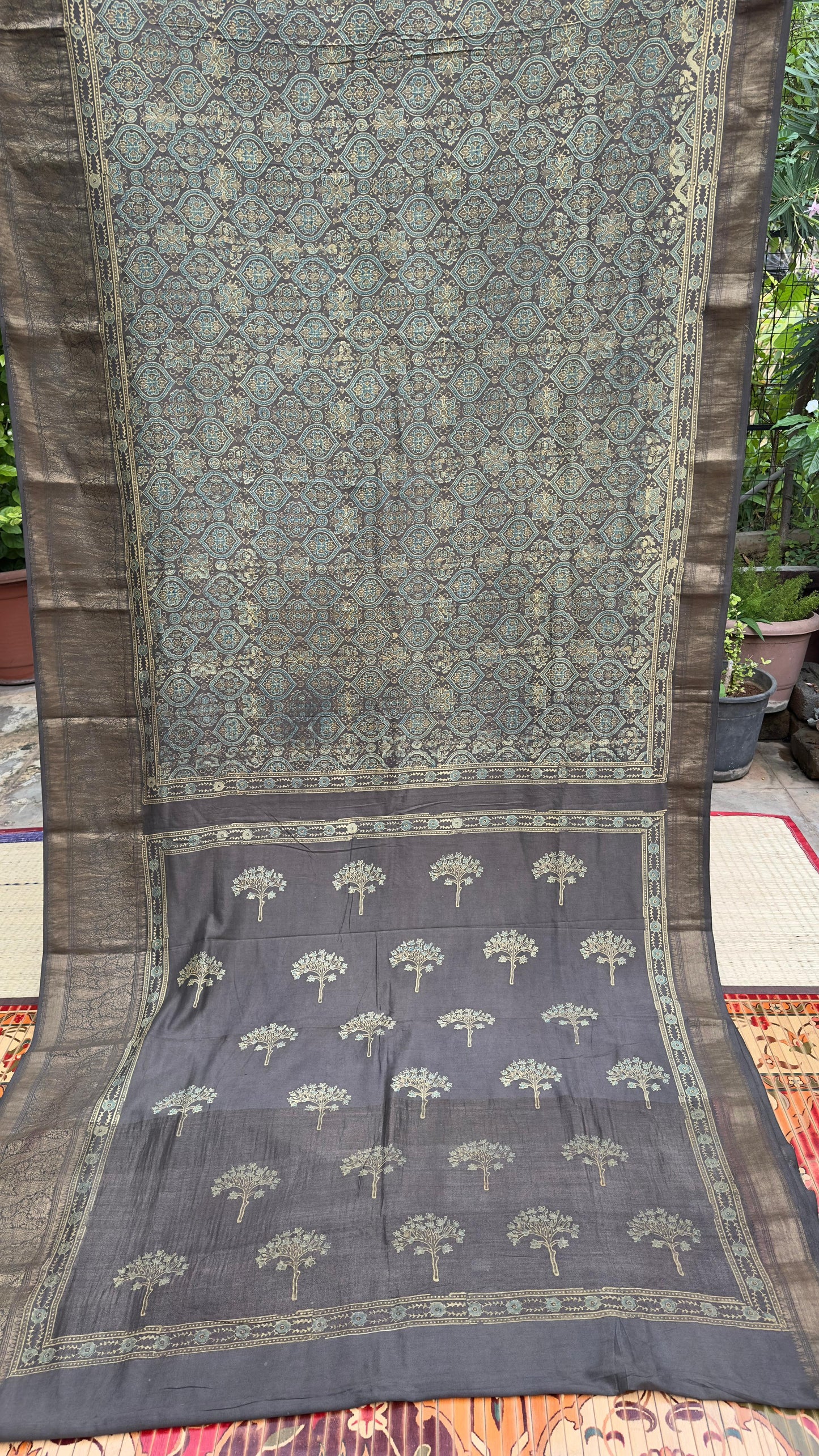 Hand block printed Ajrakh on chiniya silk