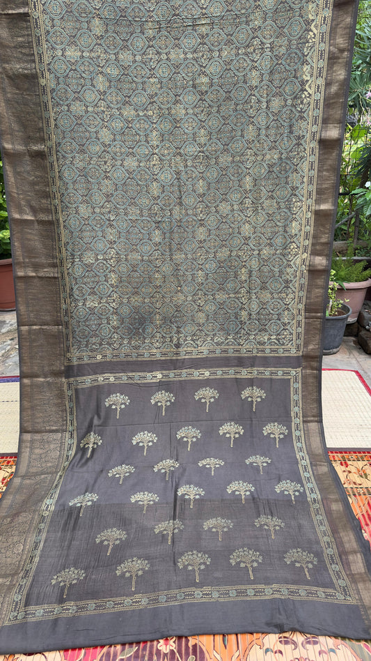 Hand block printed Ajrakh on chiniya silk