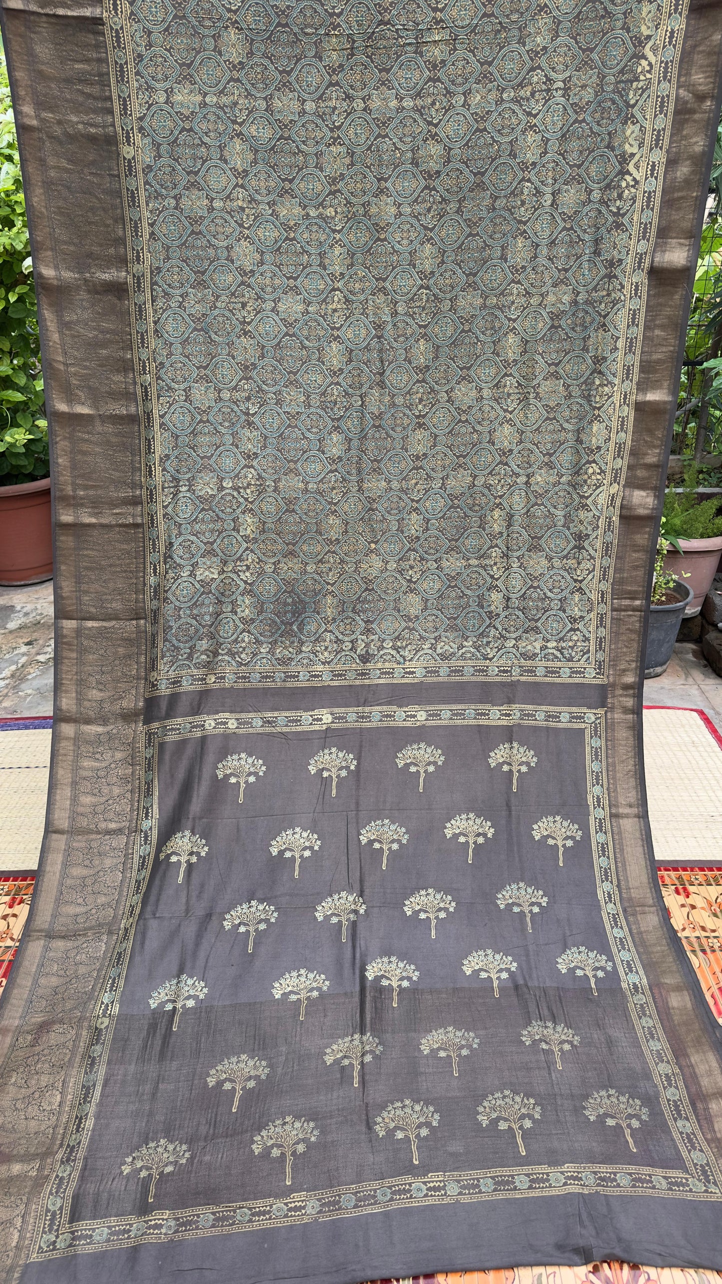 Hand block printed Ajrakh on chiniya silk