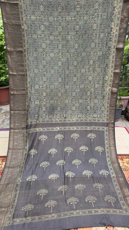 Hand block printed Ajrakh on chiniya silk