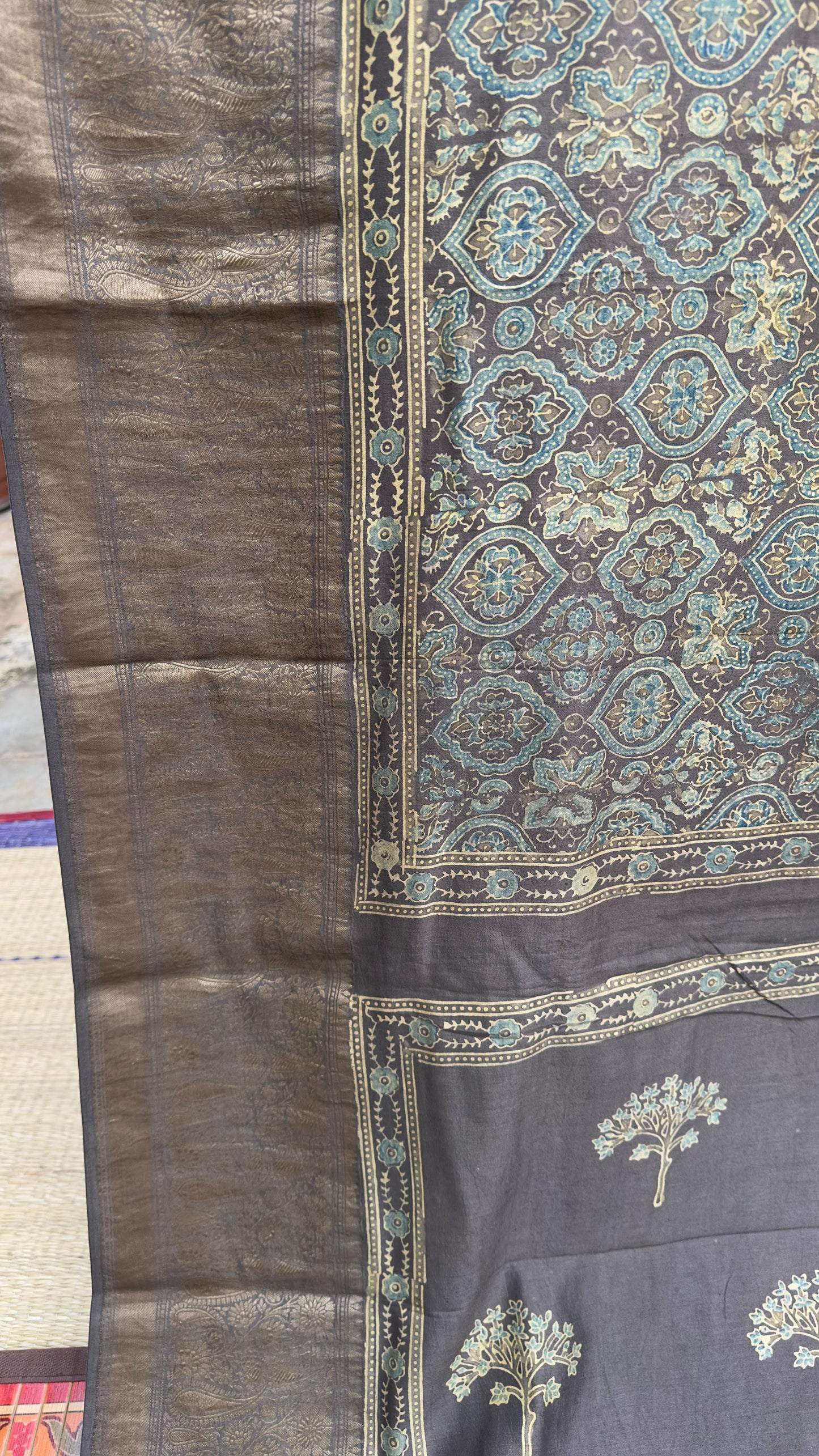 Hand block printed Ajrakh on chiniya silk