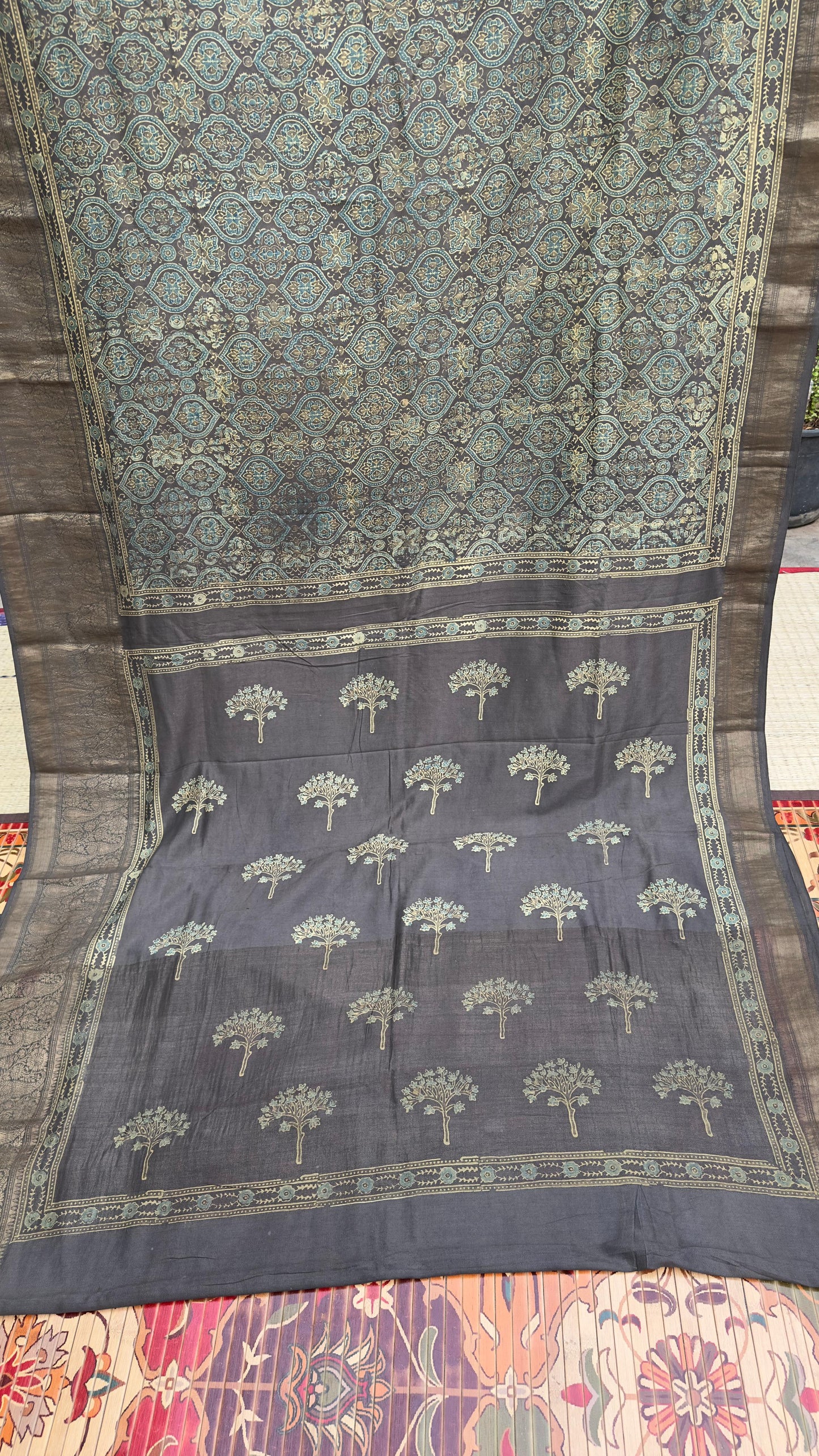 Hand block printed Ajrakh on chiniya silk