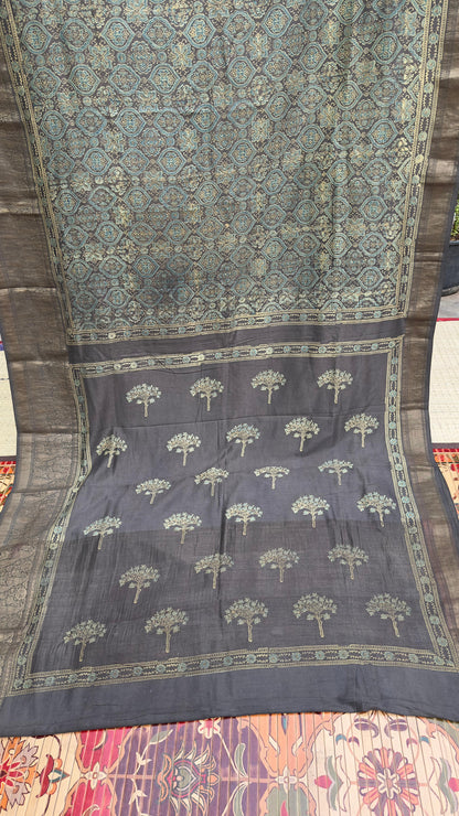 Hand block printed Ajrakh on chiniya silk