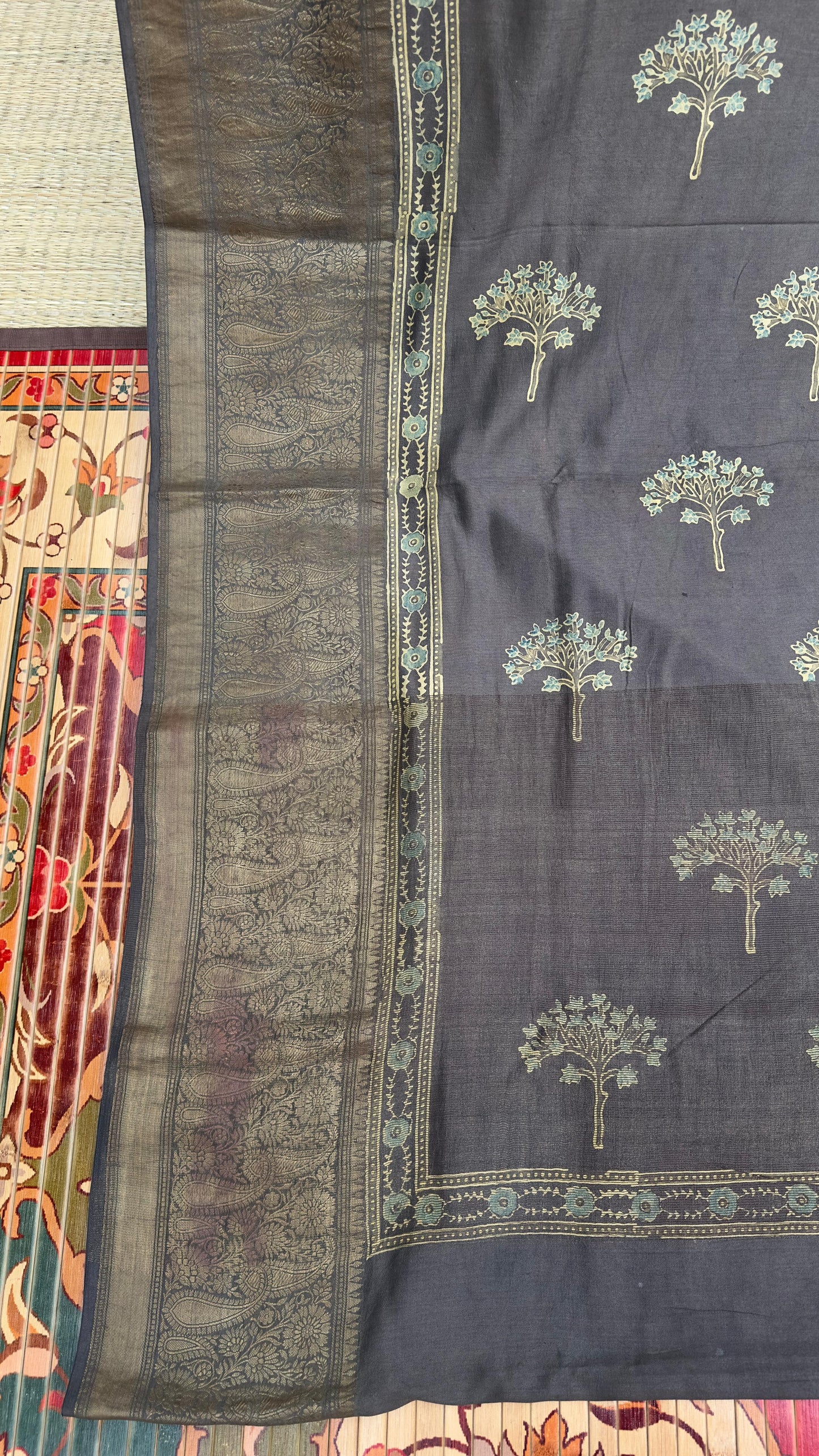 Hand block printed Ajrakh on chiniya silk