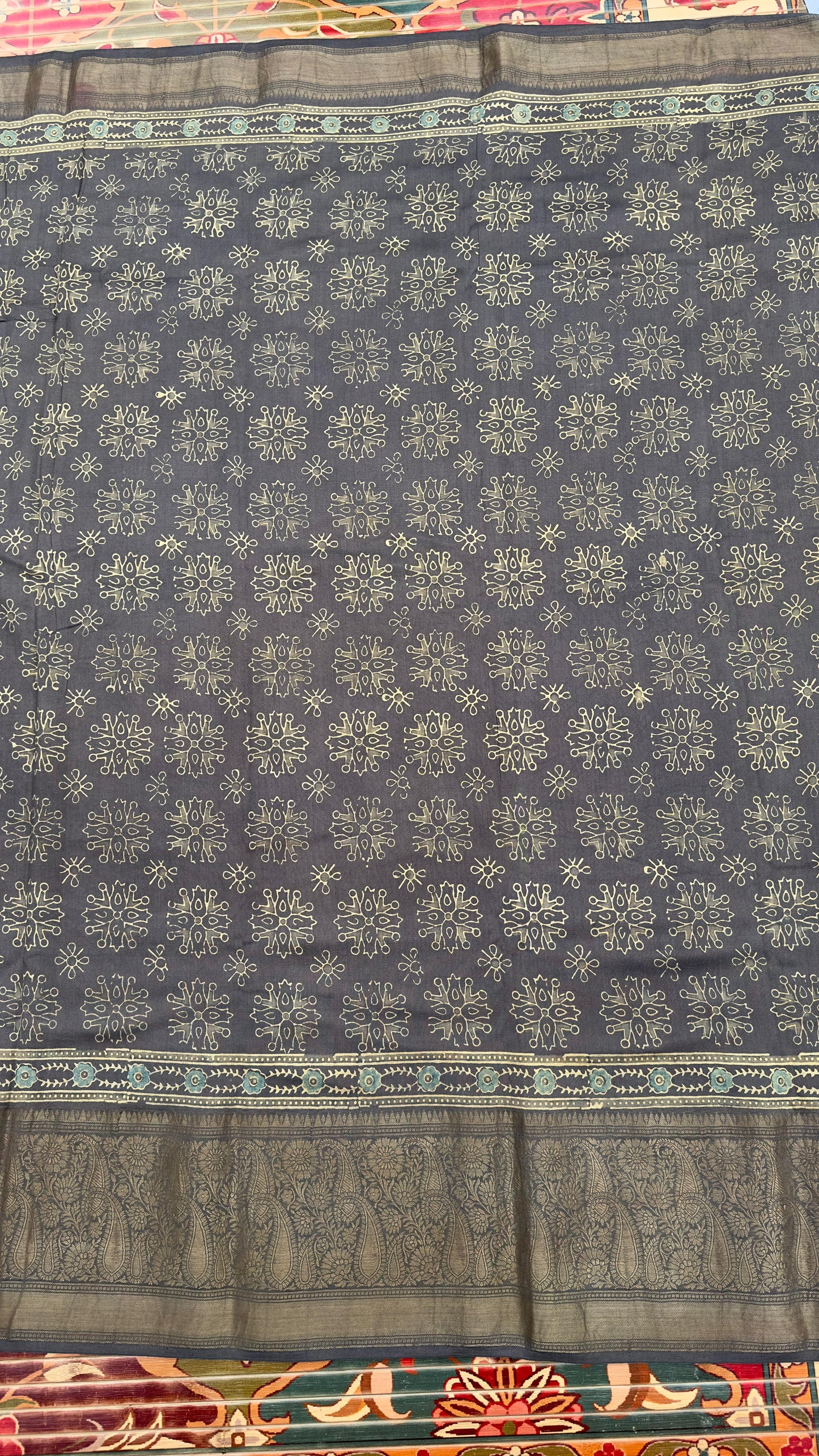 Hand block printed Ajrakh on chiniya silk