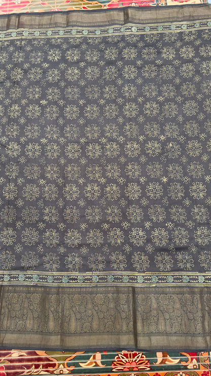 Hand block printed Ajrakh on chiniya silk