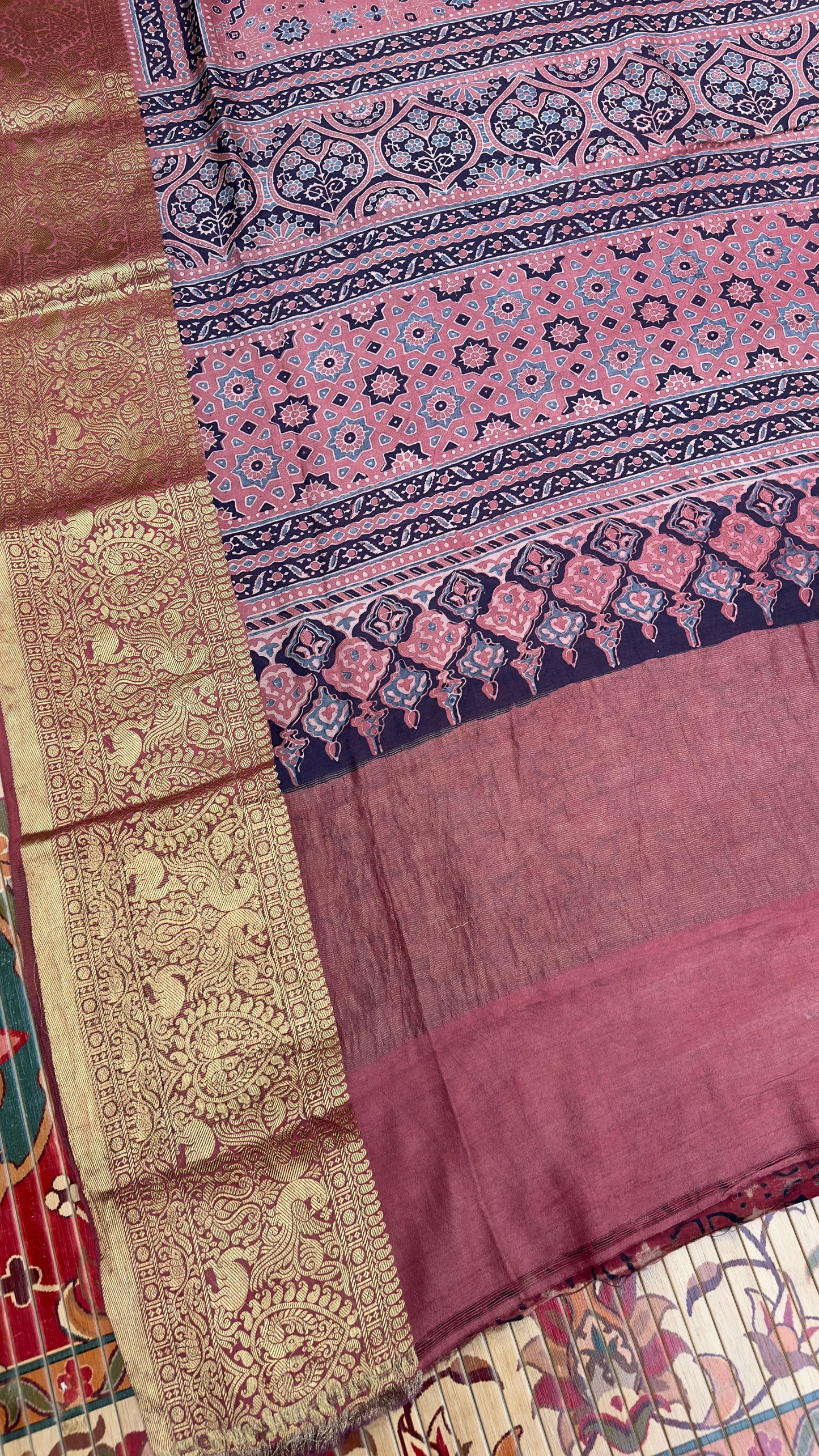 Hand block printed Ajrakh on chiniya silk