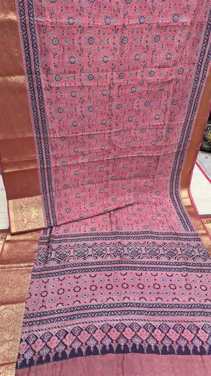 Hand block printed Ajrakh on chiniya silk